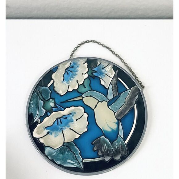 Stained Glass Round Sun Catcher Hummingbird and Flowers 4.5” With Chain Ornament - Picture 2 of 3